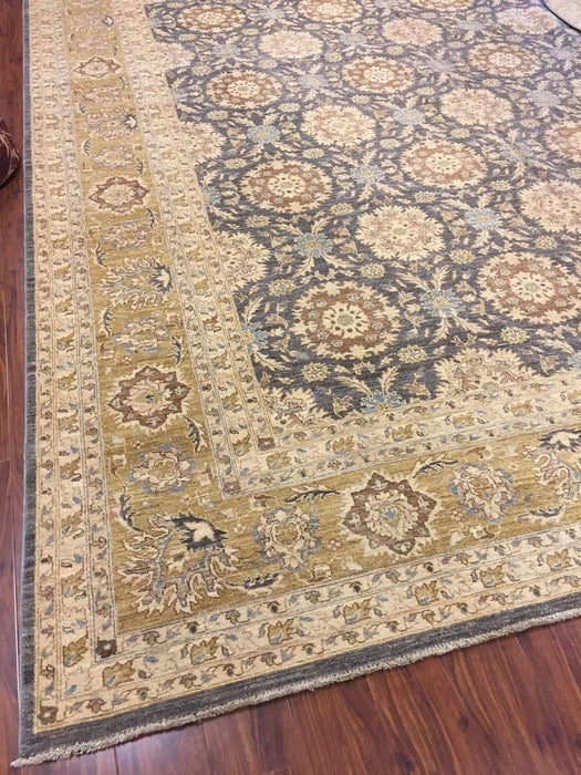 Authentic Hand-Knotted Pakistani Rug-Allover Floral-Olive/Gray-(11.10 by 14.9 Feet)