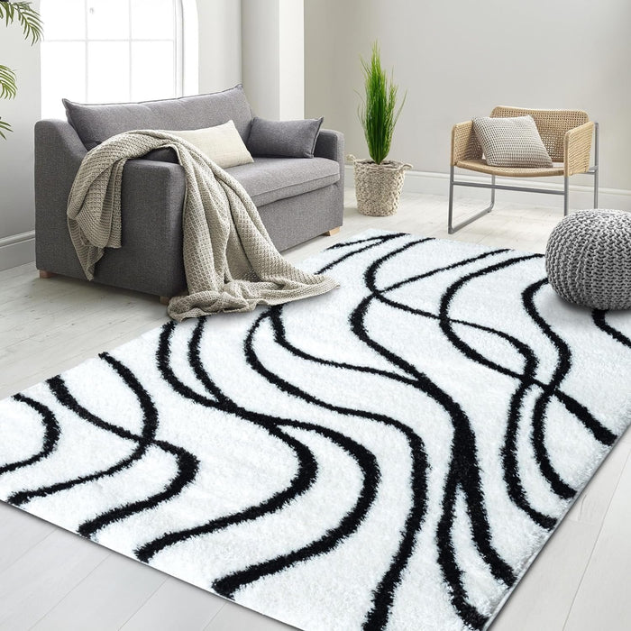 HR Plush Wave-Patterned Shag Rug 1-Inch Thick Soft High Pile, Stain-Resistant Carpet for Living Room #26223