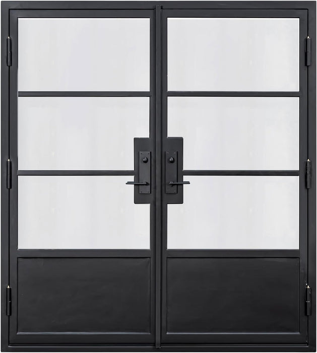 HR 72x81 Left Inswing Matte Black French Iron Double Door | 3-Lite with kickplate Steel Entryway | Complete with Handle and Lock | Modern Front View Design.