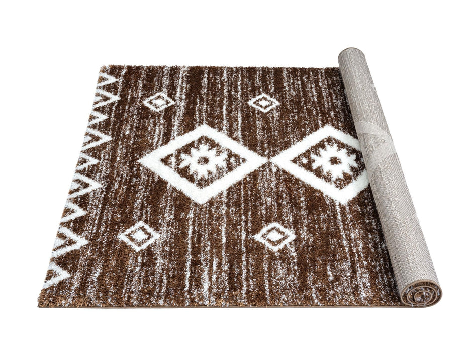 HR Ultra-Soft Shaggy Area Rug with Southwestern Diamond Pattern – Chocolate Brown and White, Plush 1-Inch Pile, Easy Clean, Quick Crease Recovery – Ideal for Living Room