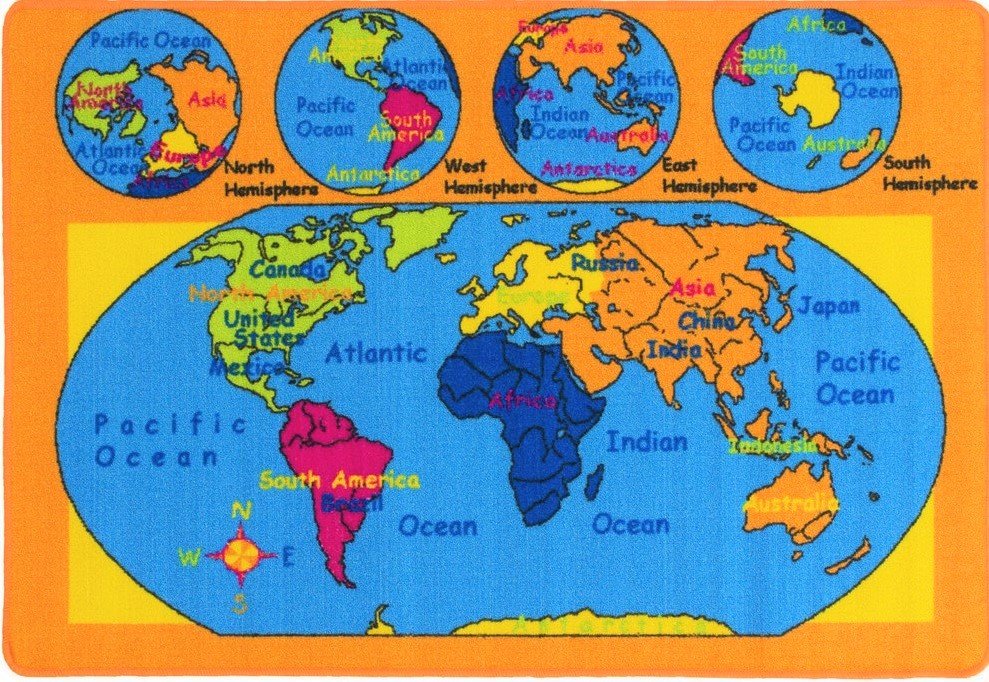 World Map Kids Educational Non-Slip Gel Back Rug