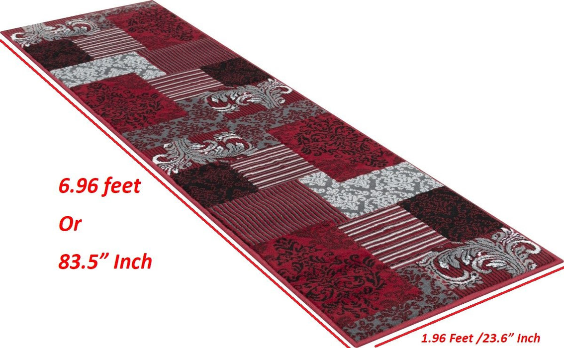 Red Gray Silver Black Abstract Area Rug Modernpatchwork Pattern Frloral (5' x 7')