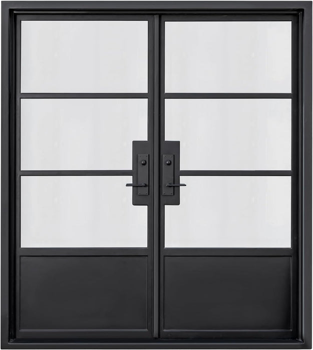 HR 72x81 Matte Black French Iron Double Door Made of Steel | 3-Lite with kickplate Left outswing Entryway | Complete with Handle and Lock | Modern Front View Design.