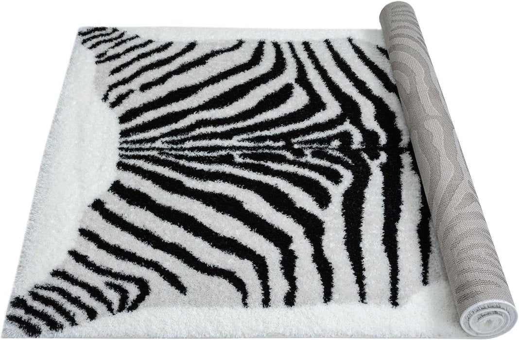 HR Plush Black & White Zebra Pattern Shag Rug Thick Pile, High-End, Soft & Cozy Floor Carpet # 26225