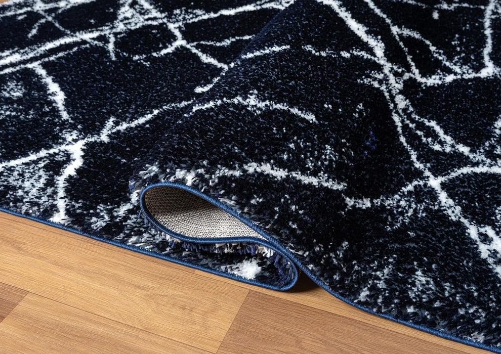 HR Ultra-Soft Cobalt Gold, Beige and White Shaggy Rug with Elegant Marble Pattern