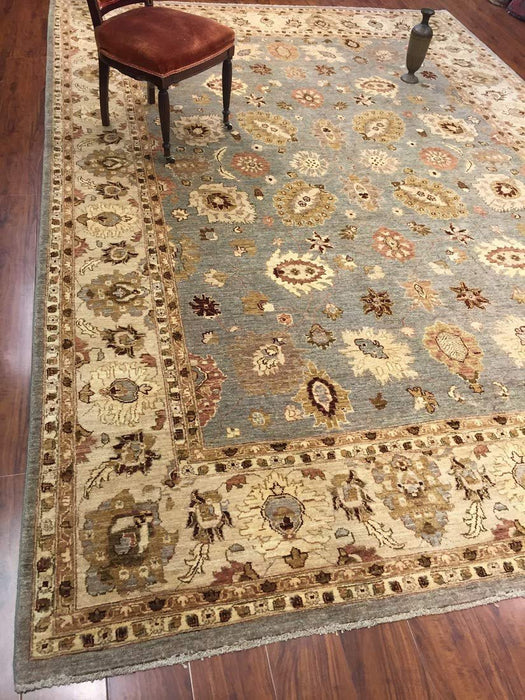 Authentic Handmade fine Pakistani Rug-Wool Allover/Floral Pattern-Gray/Beige-(8.7 by 12.7 Feet)