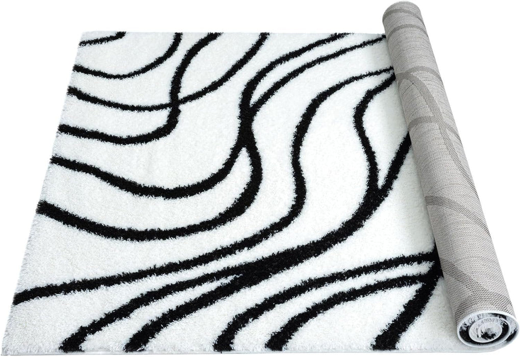 HR Plush Wave-Patterned Shag Rug 1-Inch Thick Soft High Pile, Stain-Resistant Carpet for Living Room #26223