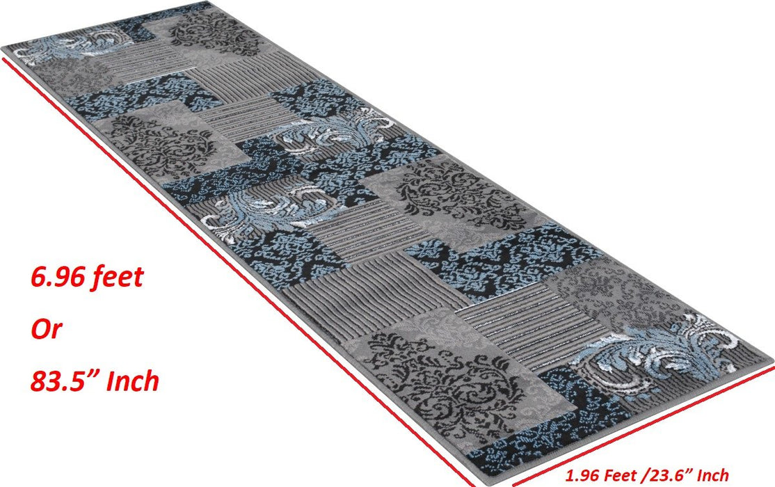 Blue Gray Silver Black Abstract Area Rug Modernpatchwork Pattern Frloral (5' x 7')