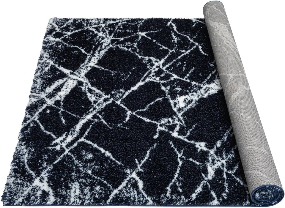 HR Ultra-Soft Cobalt Gold, Beige and White Shaggy Rug with Elegant Marble Pattern