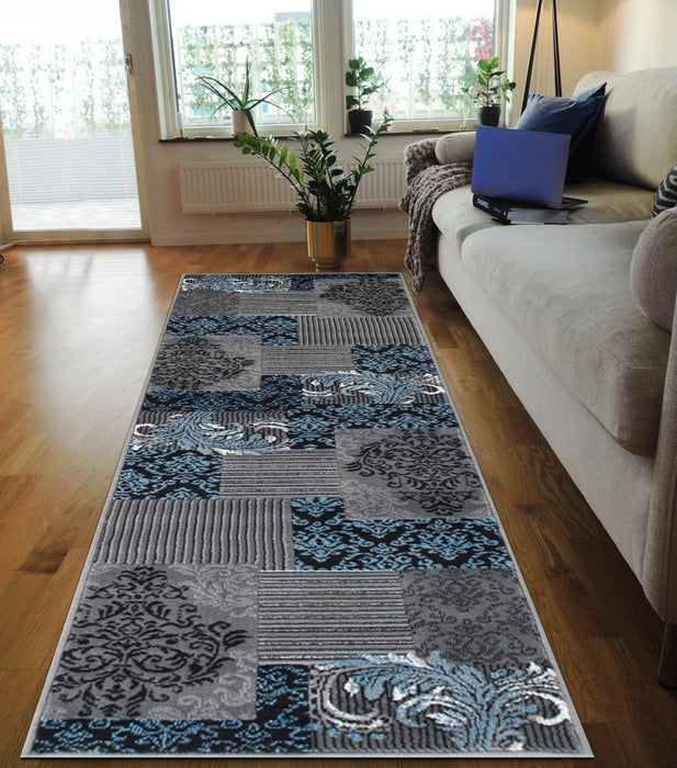 Blue Gray Silver Black Abstract Area Rug Modernpatchwork Pattern Frloral (5' x 7')