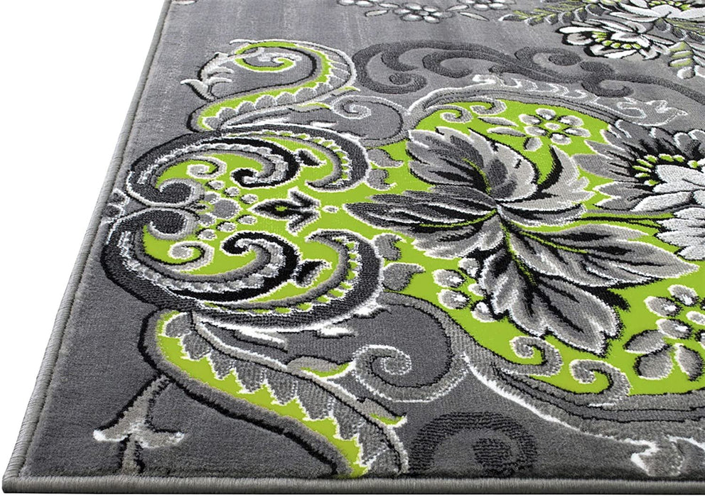 Electric Green /Grey/Silver/Black/Abstract Area Rug Floral