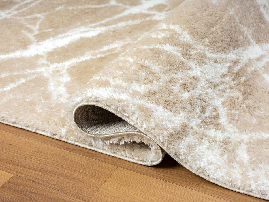 HR Ultra-Soft Cobalt Gold, Beige and White Shaggy Rug with Elegant Marble Pattern