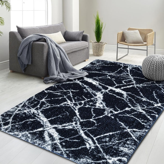 HR Ultra-Soft Cobalt Gold, Beige and White Shaggy Rug with Elegant Marble Pattern