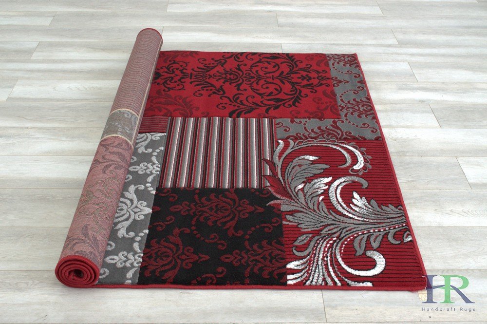 Red Gray Silver Black Abstract Area Rug Modernpatchwork Pattern Frloral (5' x 7')