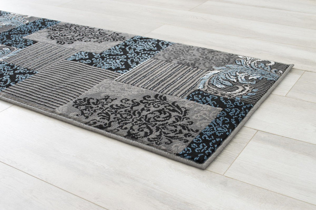 Blue Gray Silver Black Abstract Area Rug Modernpatchwork Pattern Frloral (5' x 7')