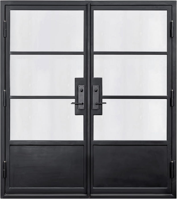 HR 72x81 Matte Black French Iron Double Door | 3-Lite Right Inswing Steel Entryway | Complete with Handle and Lock | Modern Front View