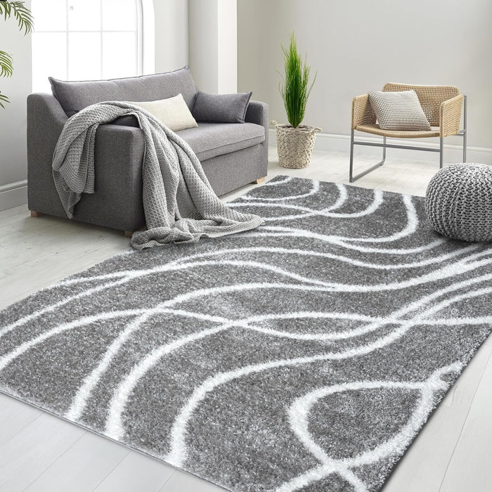 HR Plush Wave-Patterned Shag Rug 1-Inch Thick Soft High Pile, Stain-Resistant Carpet for Living Room #26223