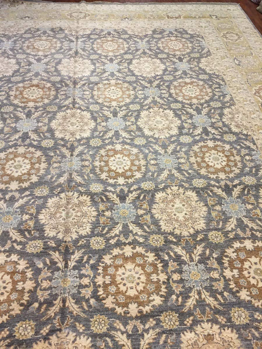 Authentic Hand-Knotted Pakistani Rug-Allover Floral-Olive/Gray-(11.10 by 14.9 Feet)