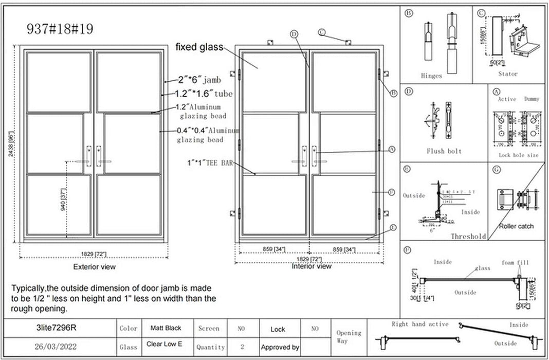 HR Left Hand Outswing Entryway 72x81 Matte Black French Iron Double Door Made of Steel | 3-Lite with kickplate | Complete with Handle and Lock | Modern Front View Design