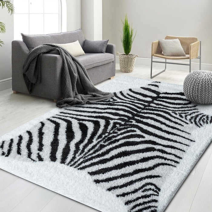 HR Plush Black & White Zebra Pattern Shag Rug Thick Pile, High-End, Soft & Cozy Floor Carpet # 26225