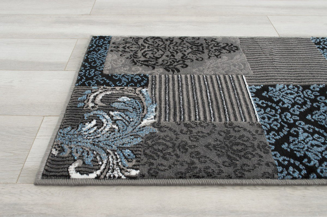 Blue Gray Silver Black Abstract Area Rug Modernpatchwork Pattern Frloral (5' x 7')