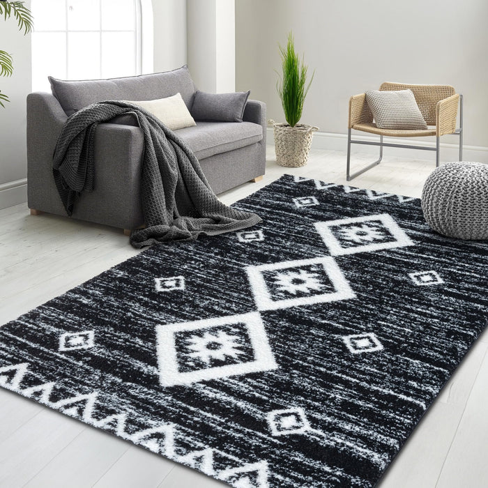 HR Ultra-Soft Shaggy Area Rug with Southwestern Diamond Pattern – Chocolate Brown and White, Plush 1-Inch Pile, Easy Clean, Quick Crease Recovery – Ideal for Living Room