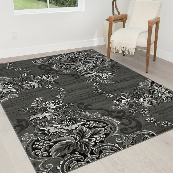 Grey/Silver/Black/Abstract Area Rug Modern Contemporary Floral and Swirlls Design Pattern