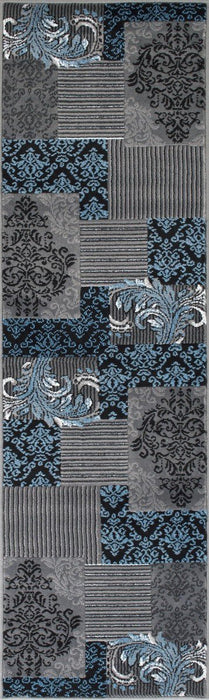 Blue Gray Silver Black Abstract Area Rug Modernpatchwork Pattern Frloral (5' x 7')