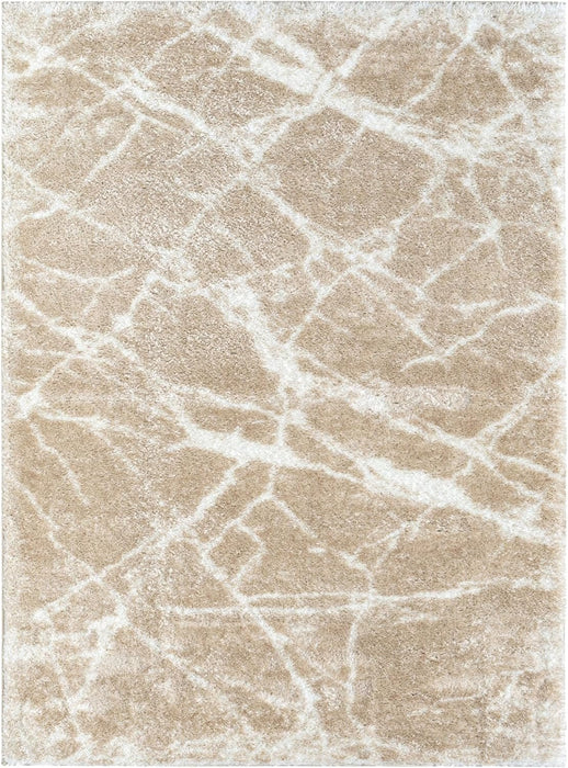 HR Ultra-Soft Cobalt Gold, Beige and White Shaggy Rug with Elegant Marble Pattern